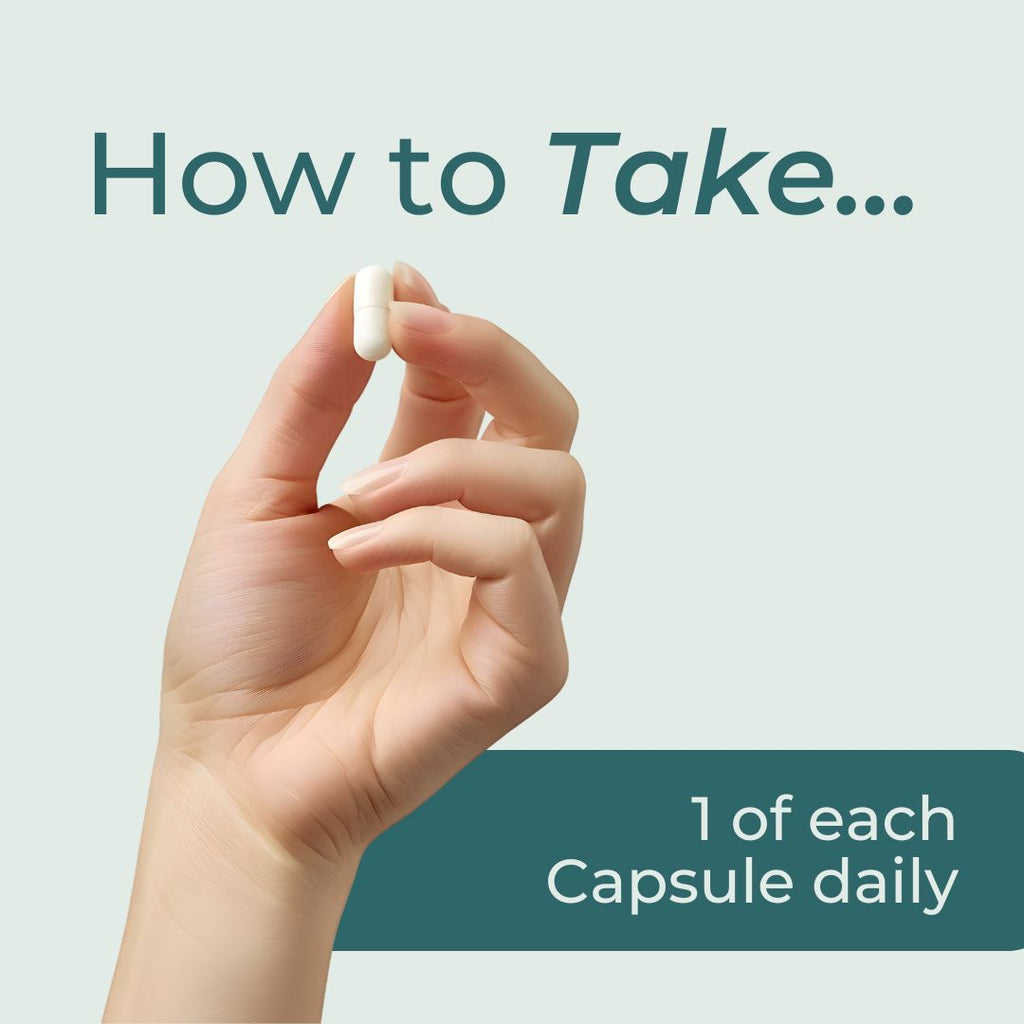 Hand holding a capsule with text on how to take it daily.