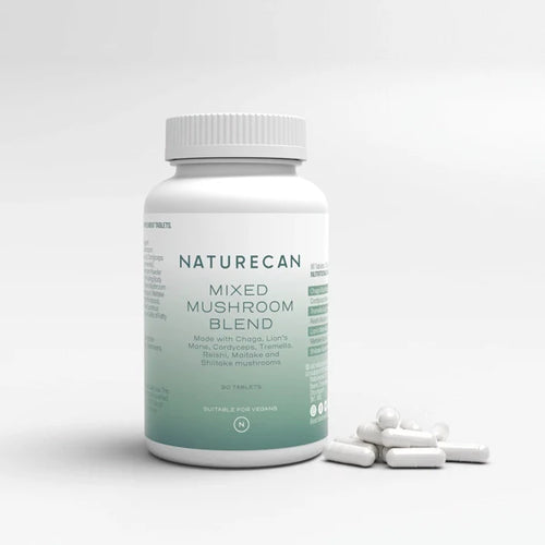 Fles Lion's Mane & Chaga Mushroom Complex Tabletten naast enkele uitgestrooide tabletten op een lichte achtergrond.