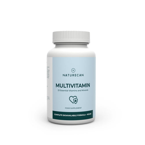 A white bottle labeled "Naturecan Multivitamin" with a blue and green design.