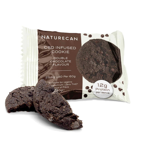 Packaged CBD Cookie with double chocolate flavor, featuring a broken cookie revealing its rich texture.