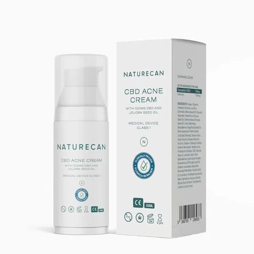 Naturecan CBD Acne Cream packaging with pump bottle and detailed box text.