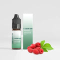CBD Vape Juice - Raspberry 10ml bottle and box with raspberries and green leaves, labeled "1000mg per 10ml".
