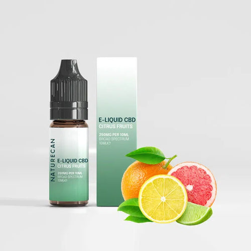 CBD Vape Juice - Citrus Fruits 10ml with a bottle and box, accompanied by sliced citrus fruits.