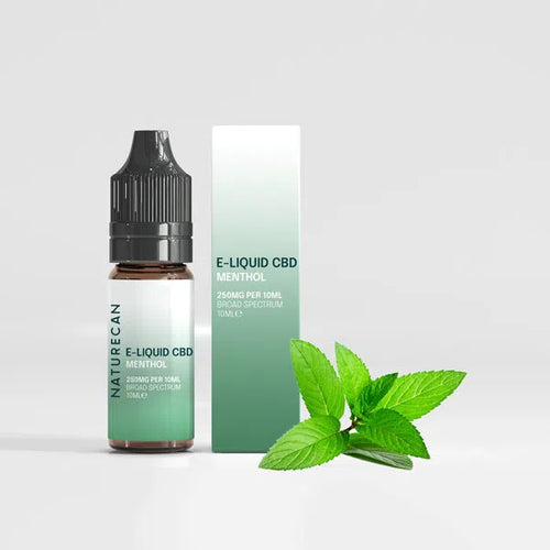 CBD Vape Juice - Menthol 10ml bottle and box with fresh mint leaves nearby.
