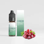 CBD Vape Juice - Grape 10ml bottle and box with a bunch of red grapes in front.