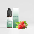 CBD Vape Juice - Strawberry 10ml with a bottle and box, next to ripe strawberries.