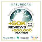 Wereldkaart met tekst over 50K reviews en 500.000 klanten, omringd door logo's van Trustpilot en Google.