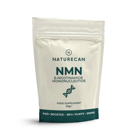 A 30g stand-up pouch of Naturecan NMN food supplement, featuring a cream-colored body with dark teal text and a dark teal band at the bottom, set against a plain white background.