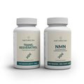 Two Naturecan supplement bottles labeled Trans-Resveratrol and NMN are displayed with DNA symbols on the labels.
