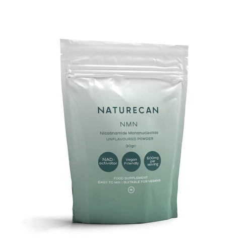 Naturecan NMN Powder package showing it as unflavoured, vegan-friendly, and 500mg per serving.