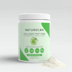 A jar of Naturecan Collagen Peptides Powder in apple flavor with a small pile of powder beside it.
