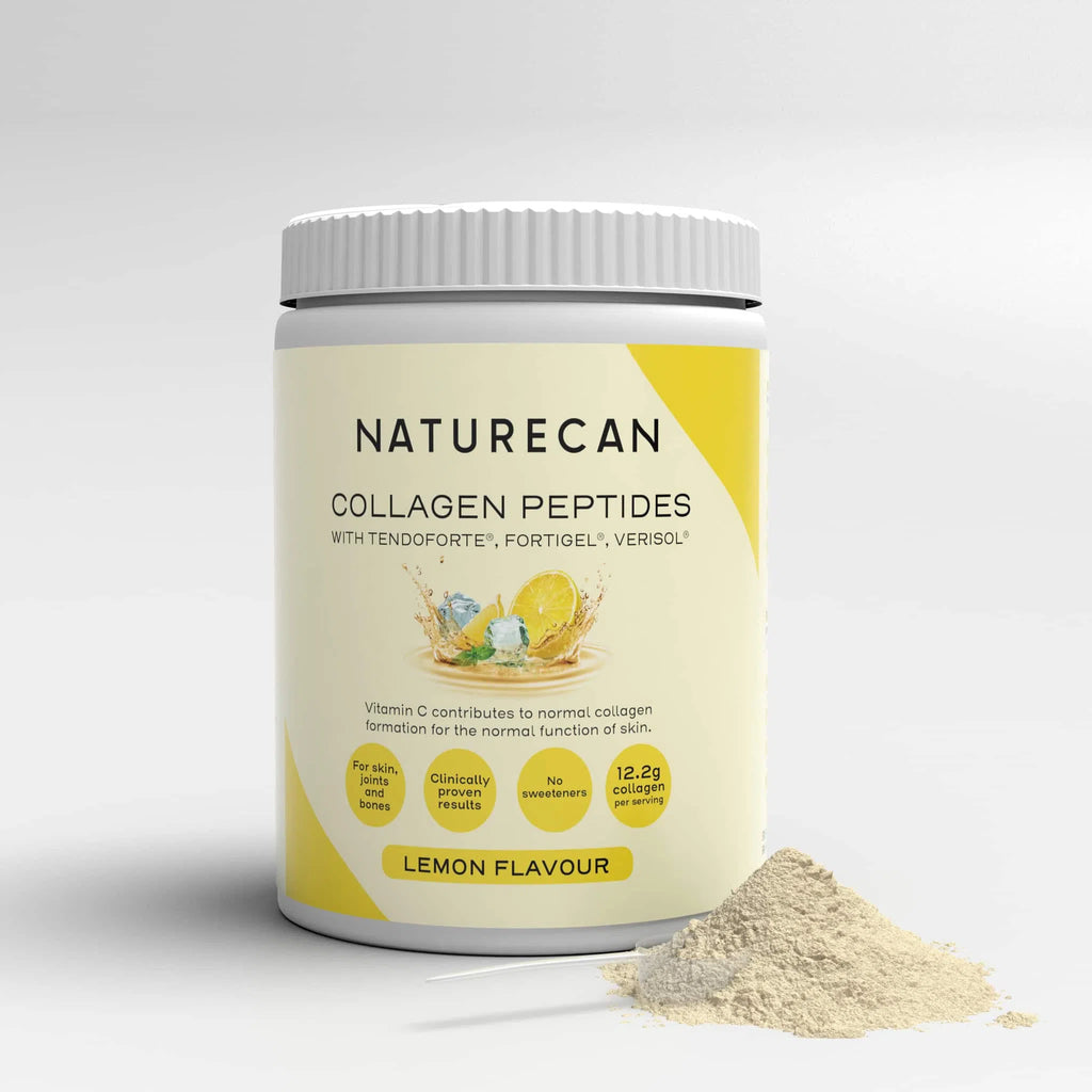 A jar of Naturecan Collagen Peptides Powder, lemon flavor, with a small pile of powder in front.