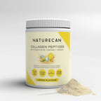 A jar of Naturecan Collagen Peptides Powder, lemon flavor, with a small pile of powder in front.