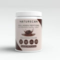 A jar of Naturecan Collagen Peptides Powder in chocolate flavor with details on collagen benefits and serving size.