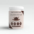 A jar of Naturecan Collagen Peptides Powder in chocolate flavor with details on collagen benefits and serving size.