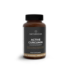 A bottle of Naturecan Active Curcumin food supplement, 500mg, 180 servings, on a white background with a soft shadow.