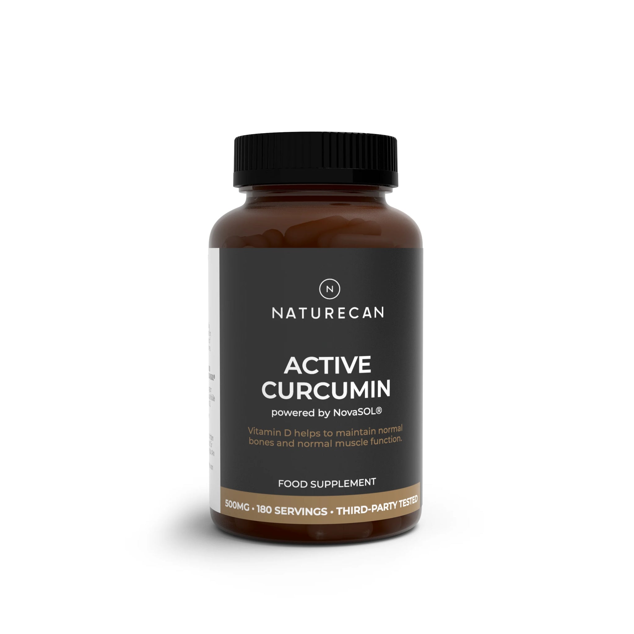 A bottle of Naturecan Active Curcumin food supplement, 500mg, 180 servings, on a white background with a soft shadow.