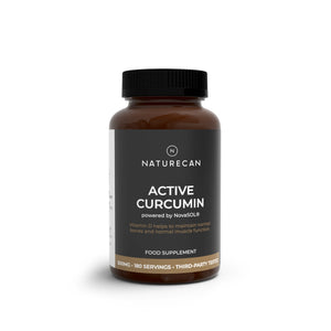 A bottle of Naturecan Active Curcumin food supplement, 500mg, 180 servings, on a white background with a soft shadow.