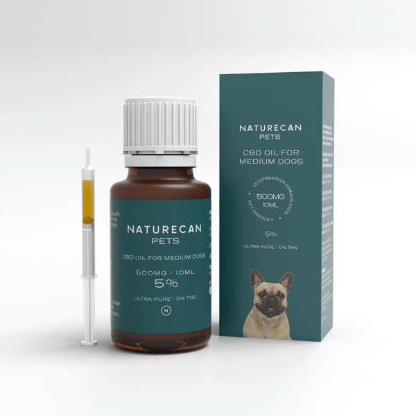 Bottle and box of CBD Oil for Dogs by Naturecan, labeled for medium dogs with 500mg/10ml and 5% strength.