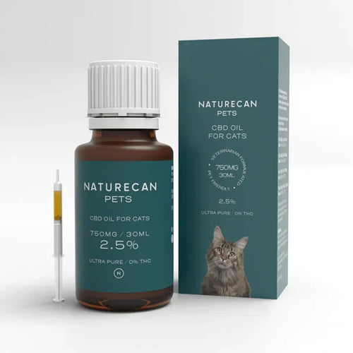 Bottle of CBD Oil for Cats by Naturecan Pets, labeled 750mg/30ml, 2.5%, with a syringe and cat image on the box.