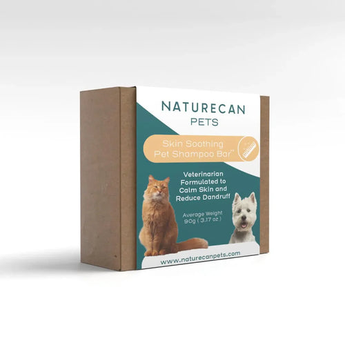 The Skin Soothing Dog Shampoo Bar packaging shows a cat and dog with details about calming skin and reducing dandruff.