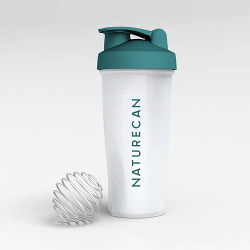 Protein Shaker Bottle with a teal lid and "Naturecan" branding, alongside a metal mixing ball.