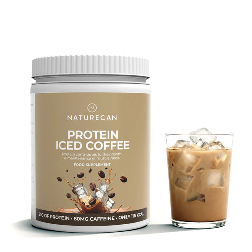Protein Coffee jar labeled "Protein Iced Coffee" next to a glass of iced coffee.