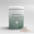 Naturecan Whey Protein Powder in an unflavoured container with a small heap of powder beside it.