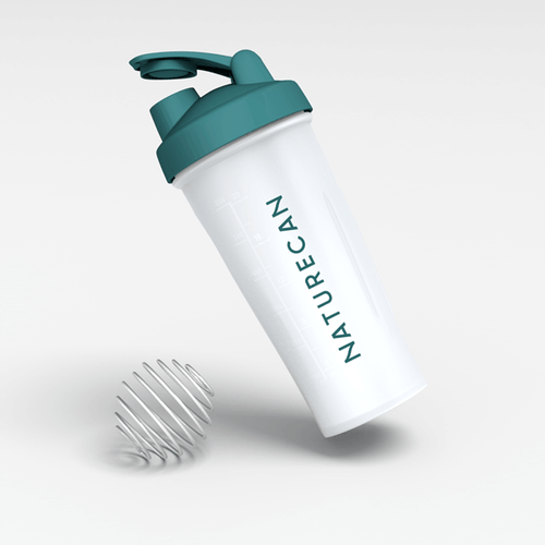 Protein Shaker Bottle with "Naturecan" branding, featuring a teal lid and a visible metal mixing ball.