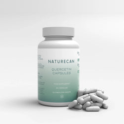 Naturecan Quercetin capsules in a white bottle with scattered capsules beside it, labeled as suitable for vegans.