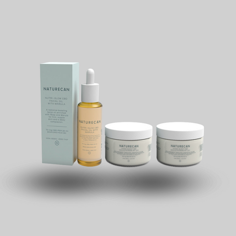 CBD Radiance Bundle featuring Naturecan Nutri-Glow CBD Facial Oil with Marula and two jars of CBD-infused butter.