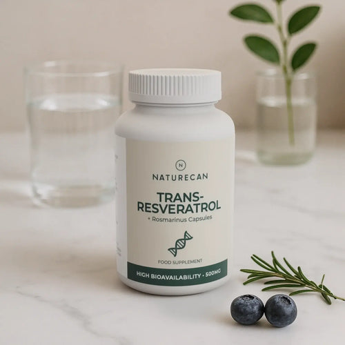Bottle of Naturecan Trans-Resveratrol capsules with blueberries and rosemary on a marble surface.