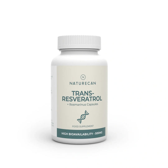 Bottle of Naturecan Trans-Resveratrol capsules with a label showing 500mg high bioavailability.