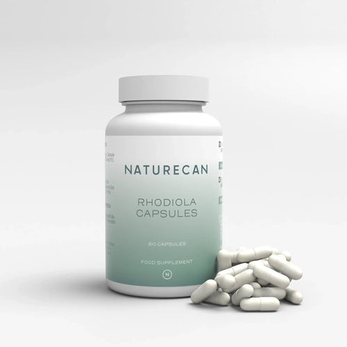 A bottle labeled "Naturecan Rhodiola Capsules" with capsules scattered beside it.