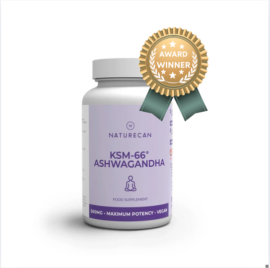 KSM-66® Ashwagandha supplement bottle with a purple label and an award winner badge.