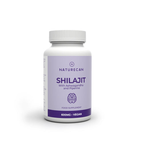Shilajit Capsules by Naturecan with Ashwagandha and Piperine, 600mg, vegan, in a white bottle with a purple label.