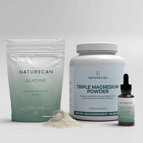 Naturecan Sleep Bundle with Glycine powder, Triple Magnesium powder, and CBD oil supplement.