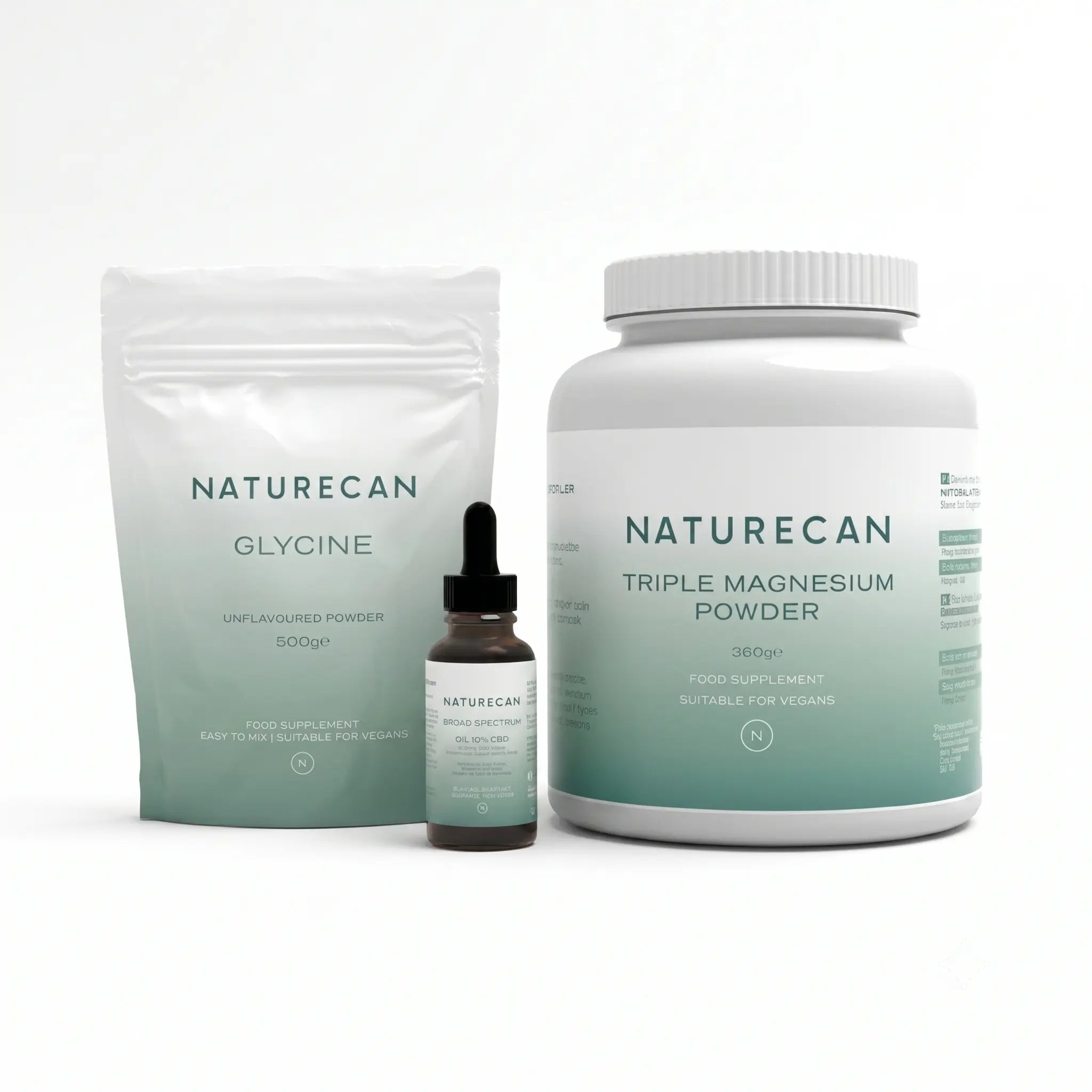 Naturecan Sleep Bundle with Glycine powder, Triple Magnesium powder, and CBD oil supplement.