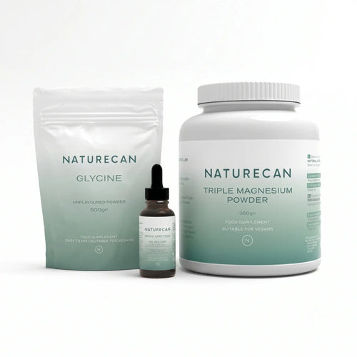 Naturecan Sleep Bundle with Glycine powder, Triple Magnesium powder, and CBD oil supplement.