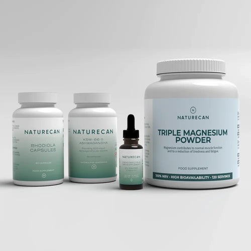 Stress Management Bundle with Naturecan Rhodiola capsules, Ashwagandha, CBD oil, and Triple Magnesium Powder.