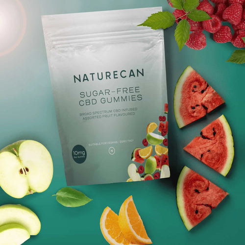 Packaged Sugar Free CBD Gummies with apple, orange, and watermelon slices surrounding the bag.