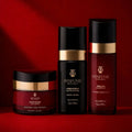 SYNFONIE skincare products on a red background