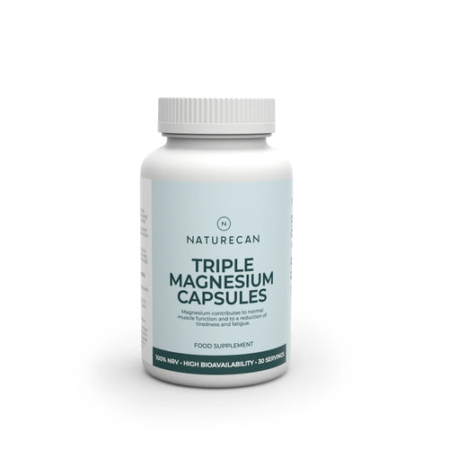 A white bottle of Naturecan Triple Magnesium Capsules with a light blue label showing dosage and benefits.