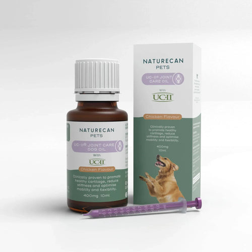 UC-II® Joint Care Oil for Dogs, chicken flavour, with a syringe and packaging featuring a dog image.