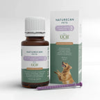 UC-II® Joint Care Oil for Dogs, chicken flavour, with a bottle, box, and purple syringe.