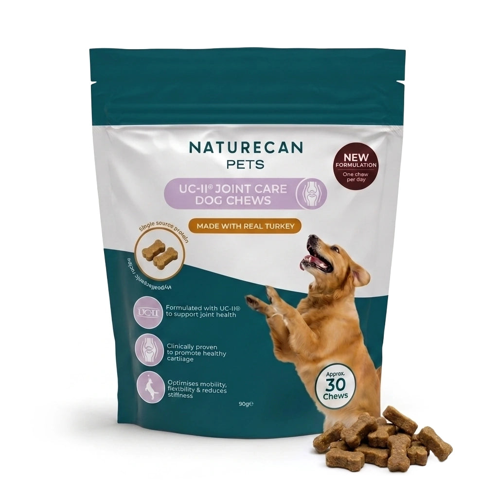 Naturecan Pets UC-II Joint Care Dog Chews packaging with a dog on a white background