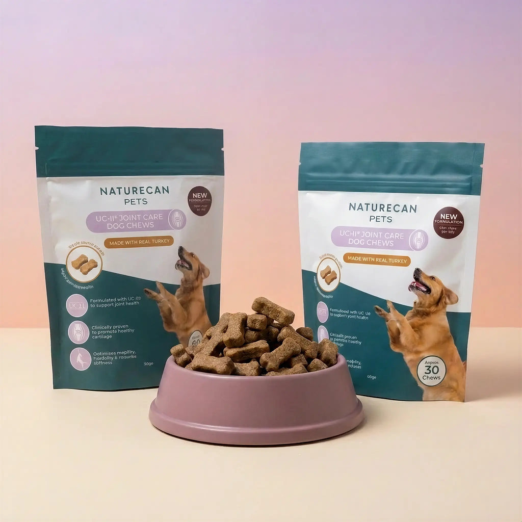 Two packages of Naturecan Pets dog treats with a bowl of treats in front on a gradient background.