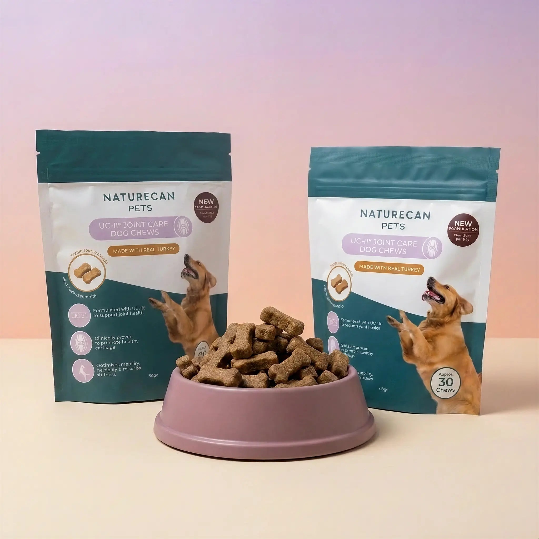Two packages of Naturecan Pets dog treats with a bowl of treats in front on a gradient background.