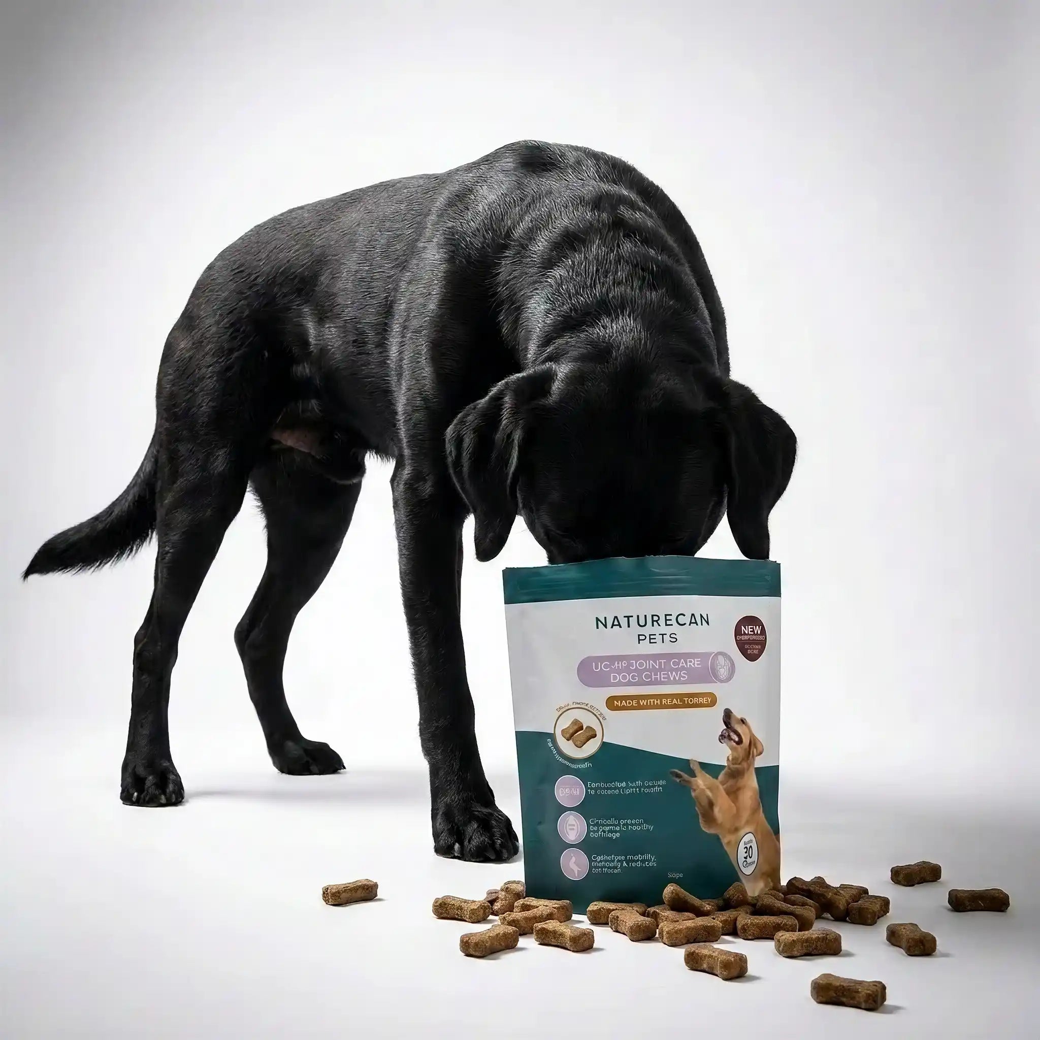 Black dog sniffing a Naturecan Pets product with treats on a white background