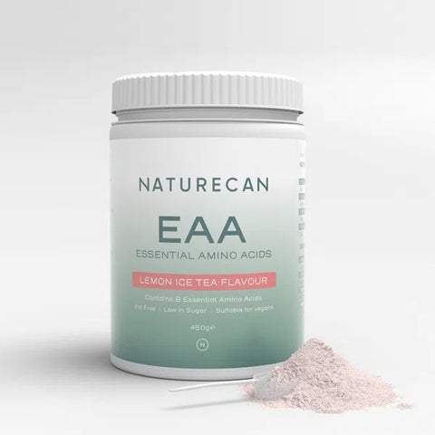 A jar of Naturecan Essential Amino Acids (EAA) in lemon ice tea flavour with a scoop of powder beside it.